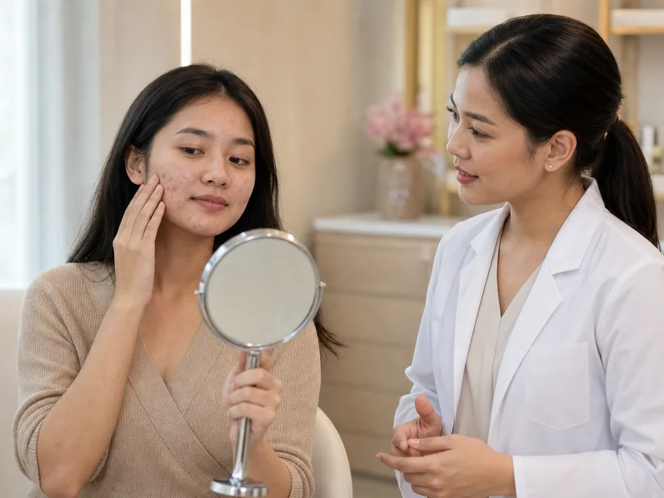 Young adult patient discussing acne and post-acne marks with a clinician.