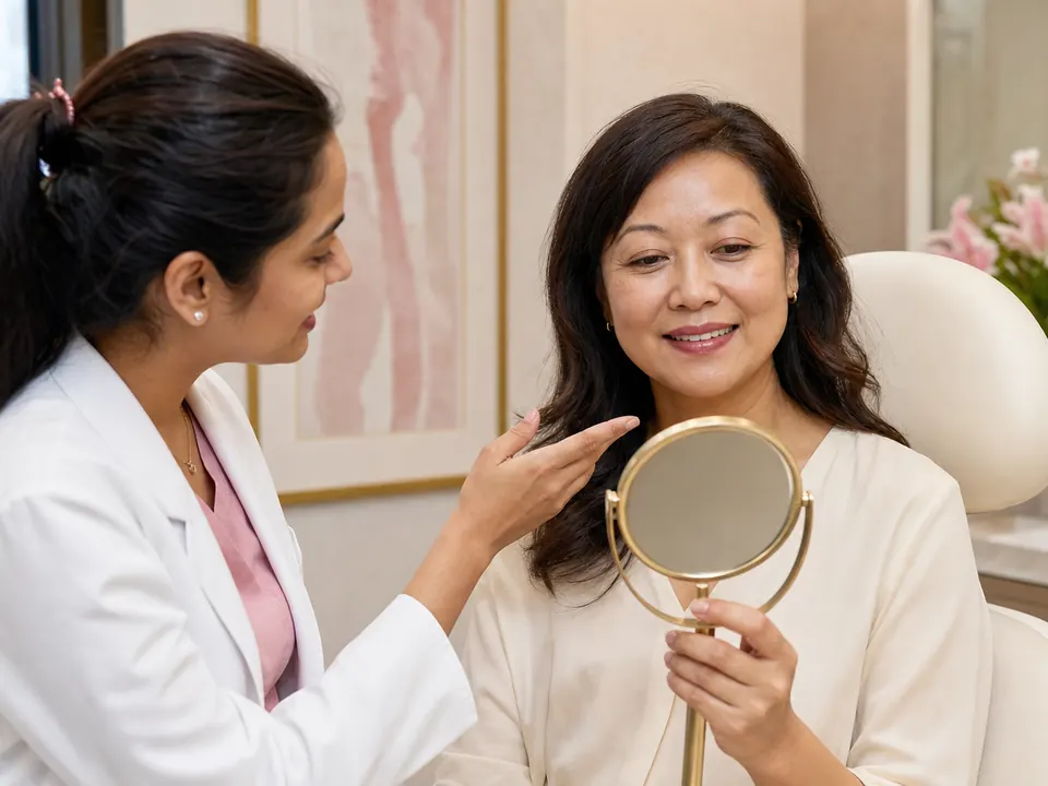 Adult patient discussing facial lines and volume during a Botox and fillers consultation.