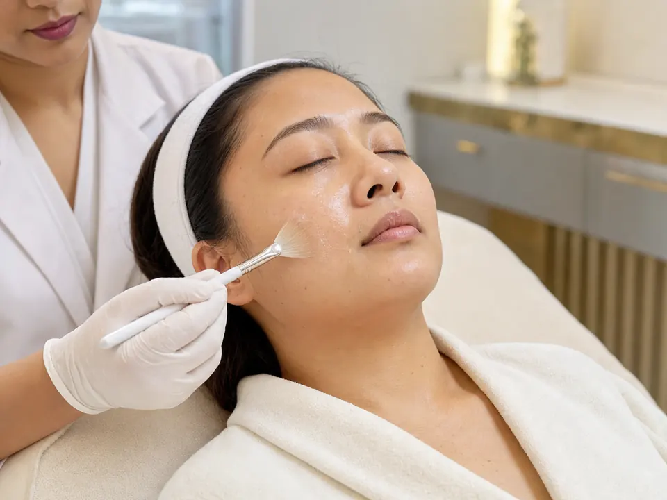 Clinician carefully applying a professional chemical peel to an adult patient’s cheek.