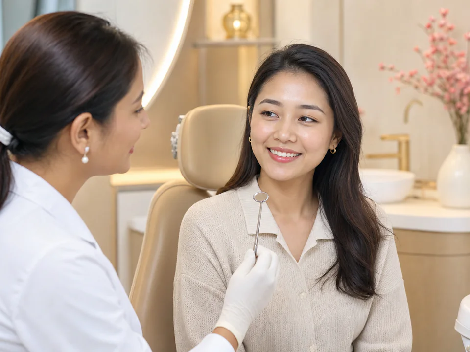 Adult patient discussing her natural smile during a dental-aesthetics consultation.