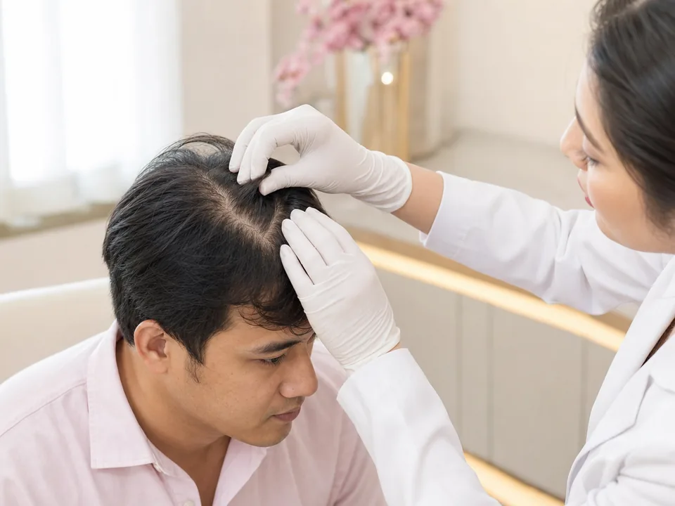 Clinician assessing an adult patient’s hair and scalp for thinning concerns.