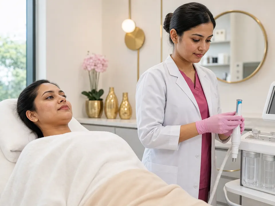 Patient prepared for a non-invasive facial treatment in a modern aesthetic clinic.