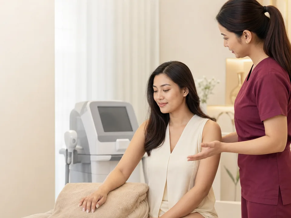 Clinician discussing laser hair removal with an adult patient during a private consultation.