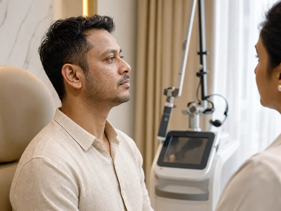 Adult patient having his skin assessed before discussing laser skin treatment.