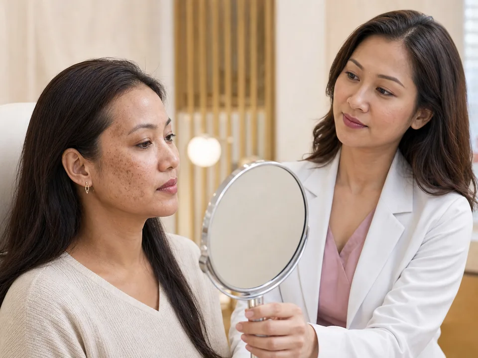 Adult patient discussing visible cheek pigmentation during a skin consultation.