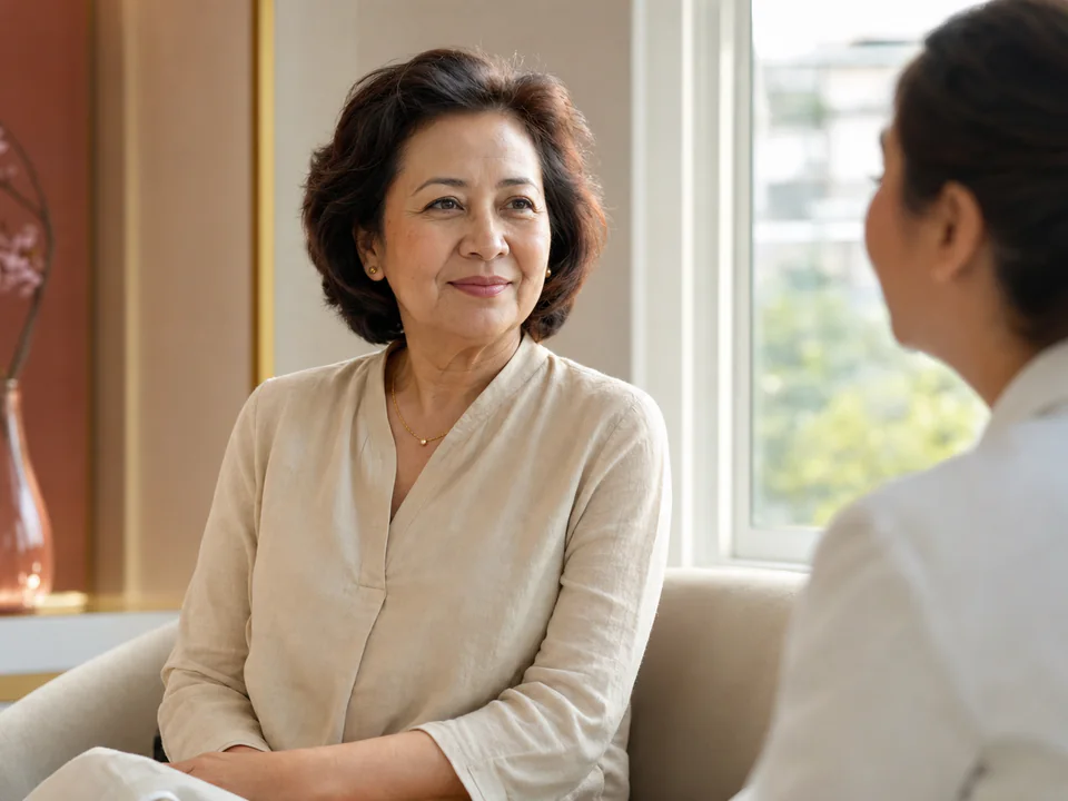 Mature adult patient discussing skin rejuvenation goals in a calm clinic setting.