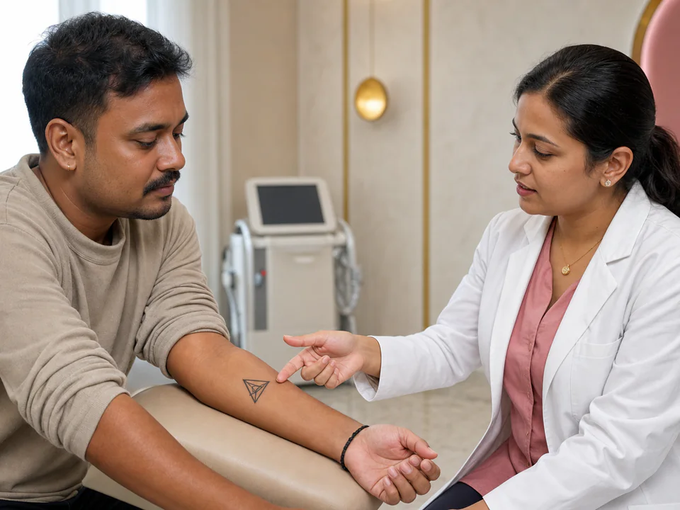 Clinician assessing a small forearm tattoo before discussing laser tattoo removal.