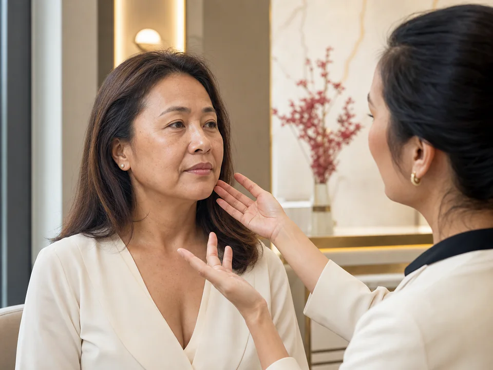 Mature adult patient discussing facial lift and contour goals with a clinician.